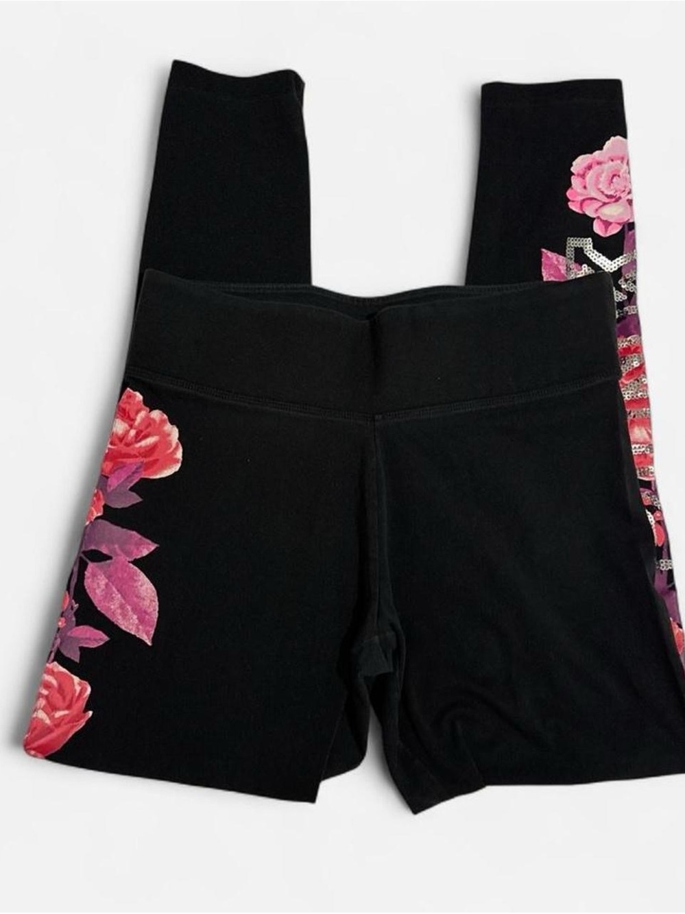 PINK Victoria's Secret Black Leggings with Pink Floral Side Panels